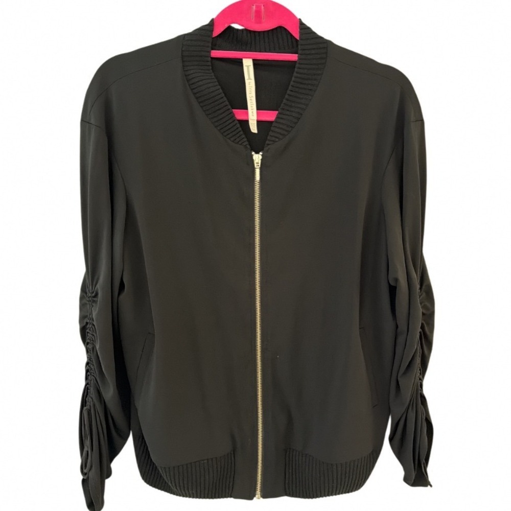I by Iris Setlakwe Women Large Black Ruched Sleeve Full Zip Bomber Jacket